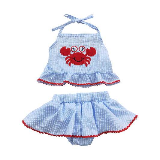 Summer Girls Embroidery Crab Seersucker Swimsuit