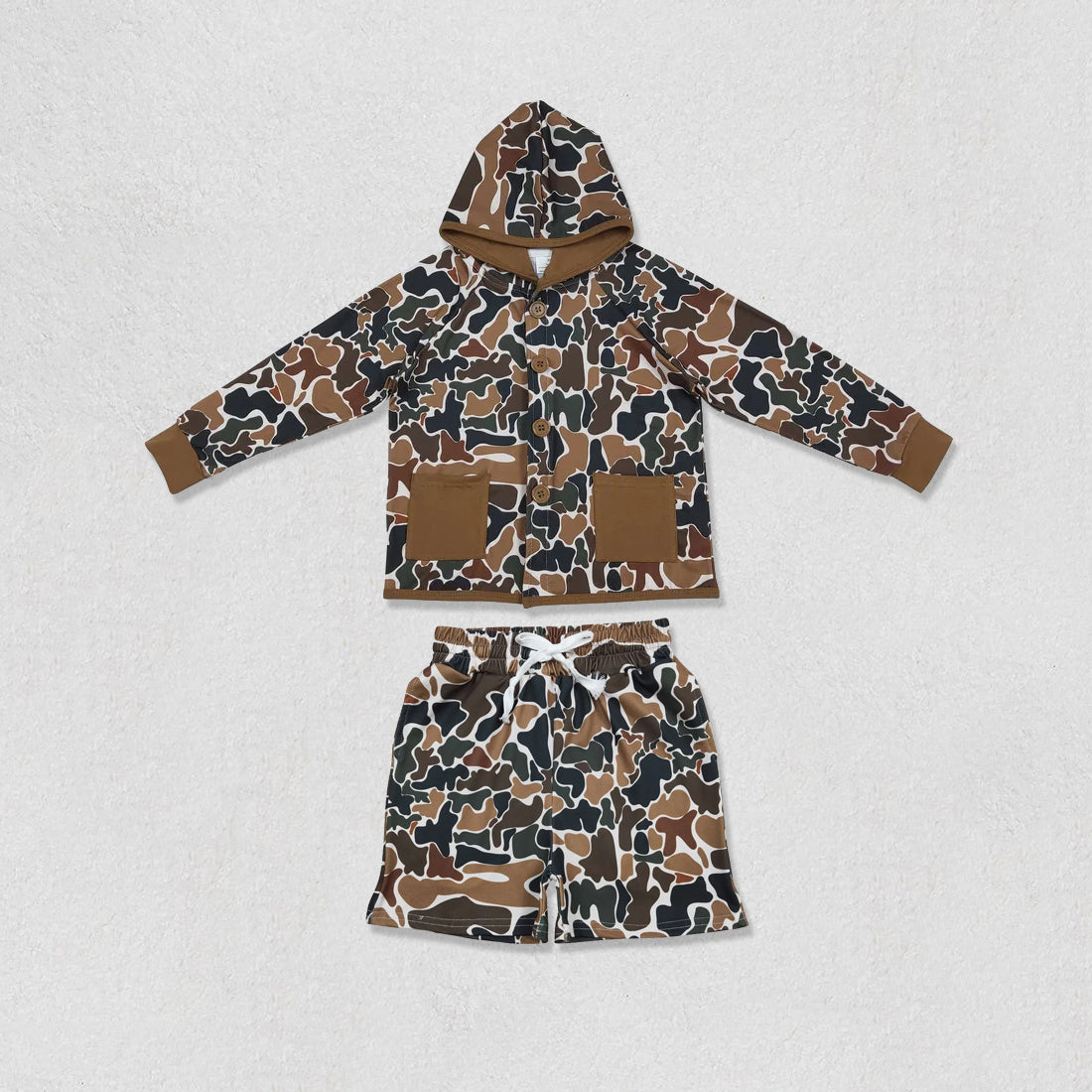 Sibling Baby Boys or Girls Camo Buttons Hoodie Top With Pocket Shorts Set