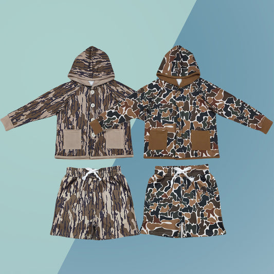 Sibling Baby Boys or Girls Camo Buttons Hoodie Top With Pocket Shorts Set