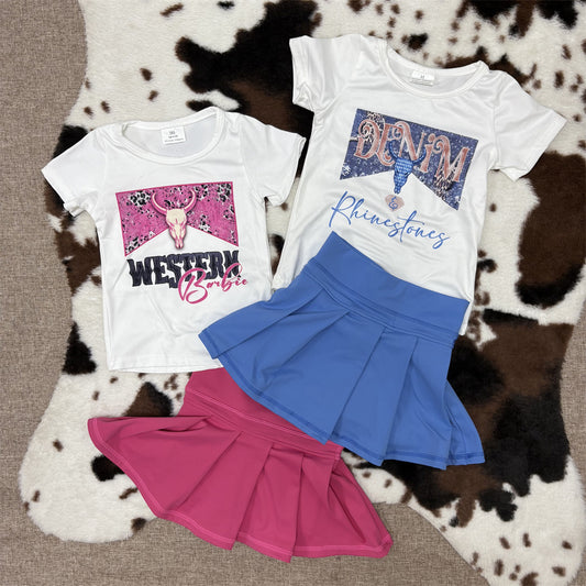 Sibling Girls Summer Wear Western Print Short Sleeve White T-shirt Top Pleated Skirt Boutique Outfit