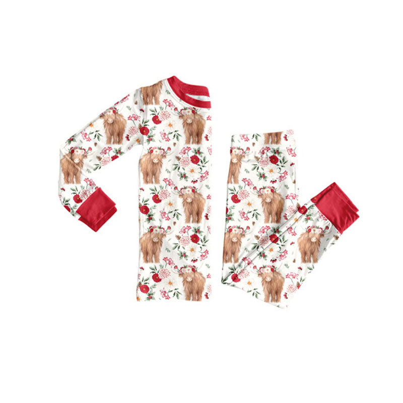 Preorder , 5 MOQ Baby Girls Highland Cow Flowers Long Sleeve Pajama Set Preorder
