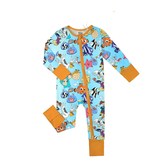 Preorder  5 MOQ， Baby Boys Cartoon Fish Long Sleeve Zippu Romper