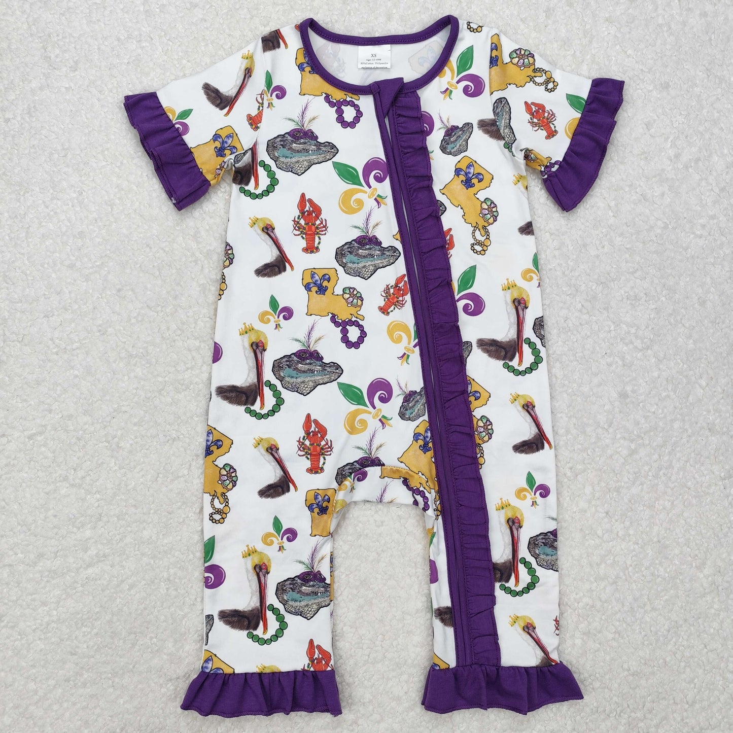 Baby Girls Mardi Gras Purple Short Ruffle Sleeves Anchors Crayfishes Print Zipper Romper