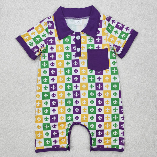 Baby Boys Short Sleeves Button Down Anchor Plaid Mardi Gras Romper