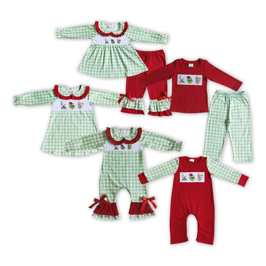 Baby Sibling Christmas Embroidery Green Face Friends Outfit and Romper