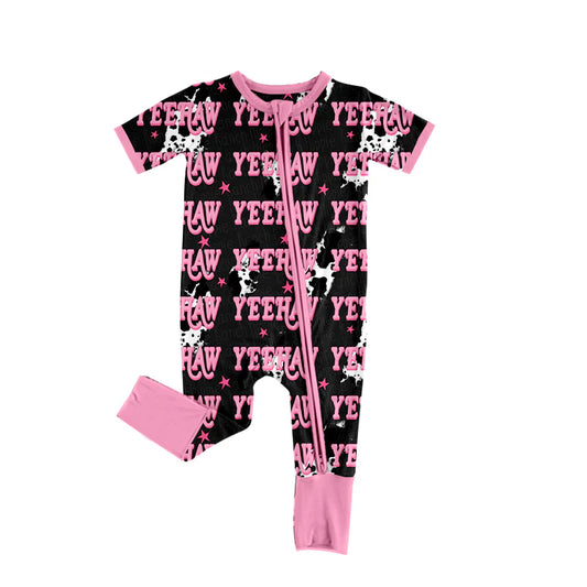 Preorder , 5 MOQ Baby Girls Cow Print Lights Yeehaw Western Zipper Footie Rompers