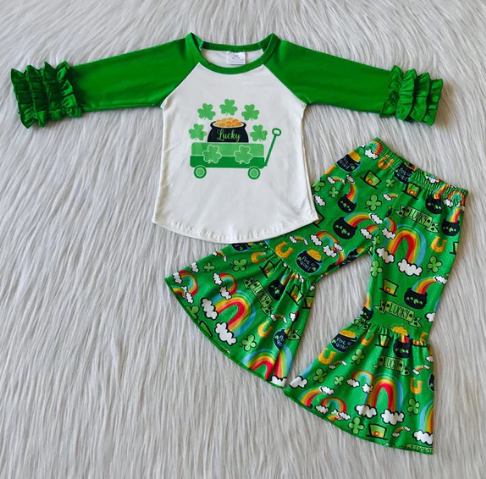 Baby Girls Green Long Ruffle Sleeves Clovers Top Rainbows Bell Bottom Pant St Patrick Set