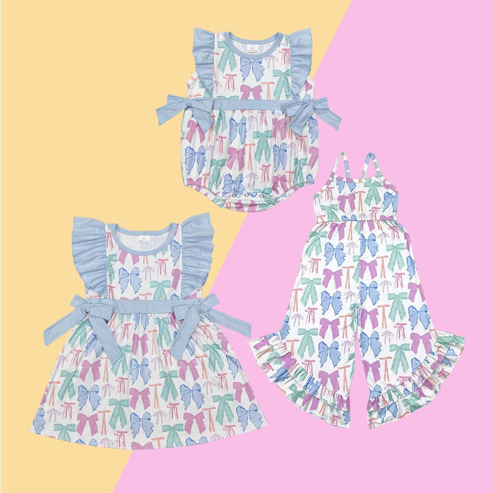 Toddler Baby Sibling Blue Bow Shorts Set Romper Jumpsuit