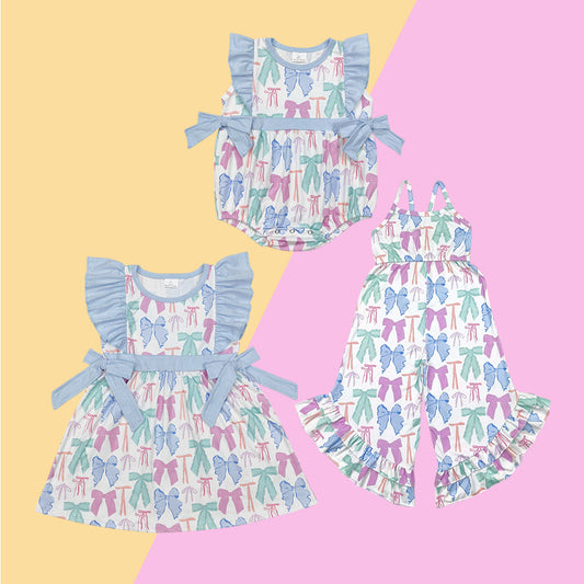 Toddler Baby Sibling Blue Bow Shorts Set Romper Jumpsuit