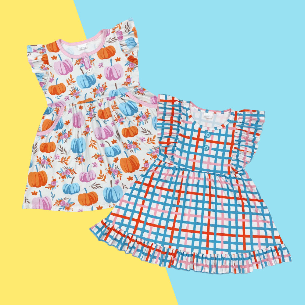 Toddler Girls Sibling Sister Pumpkin Plaid Flutter Sleeve Dress