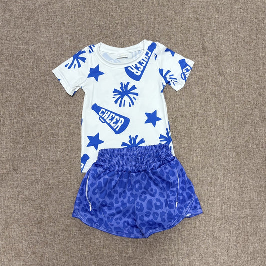 Kids Girls Summer Cheer Top Blue Leopard Yoga Shorts Set