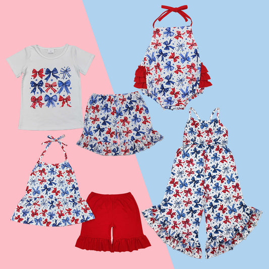 Summer Holiday Sibling Wear 4th of July Flag Bow Clothing