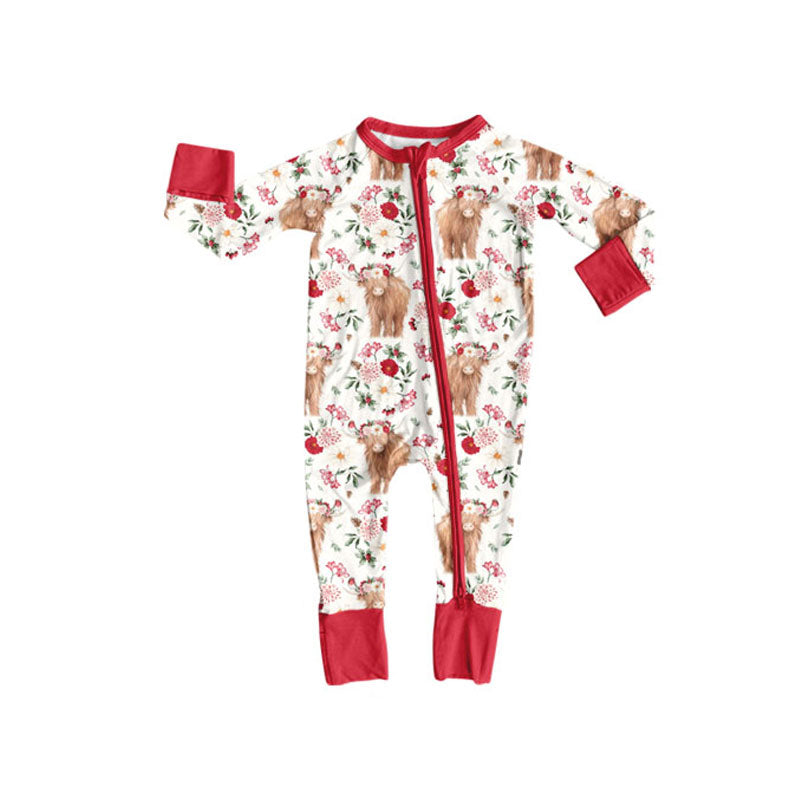 Preorder , 5 MOQ Baby Girls  Highland Cow Flowers Zipper Romper Preorder