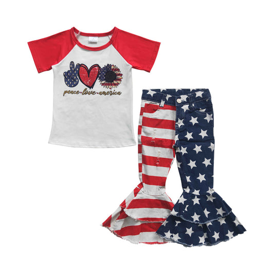 GSPO0567 July 4th Girls Sunflower Top Denim Pants