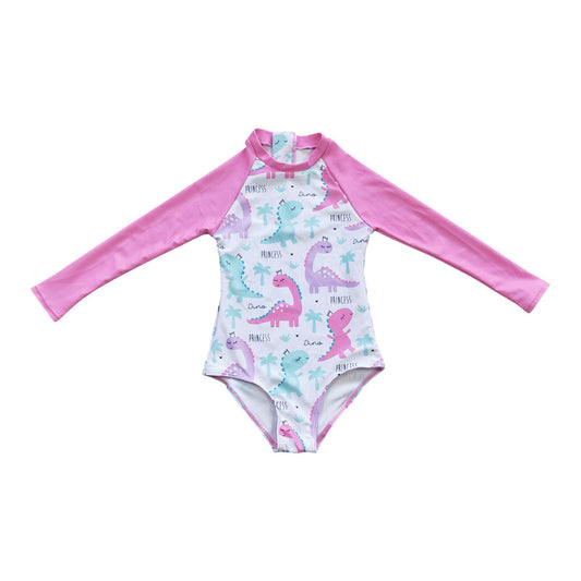 S0076 Girls Cute Dinosaur Print Long Sleeve One-piece Swimsuit