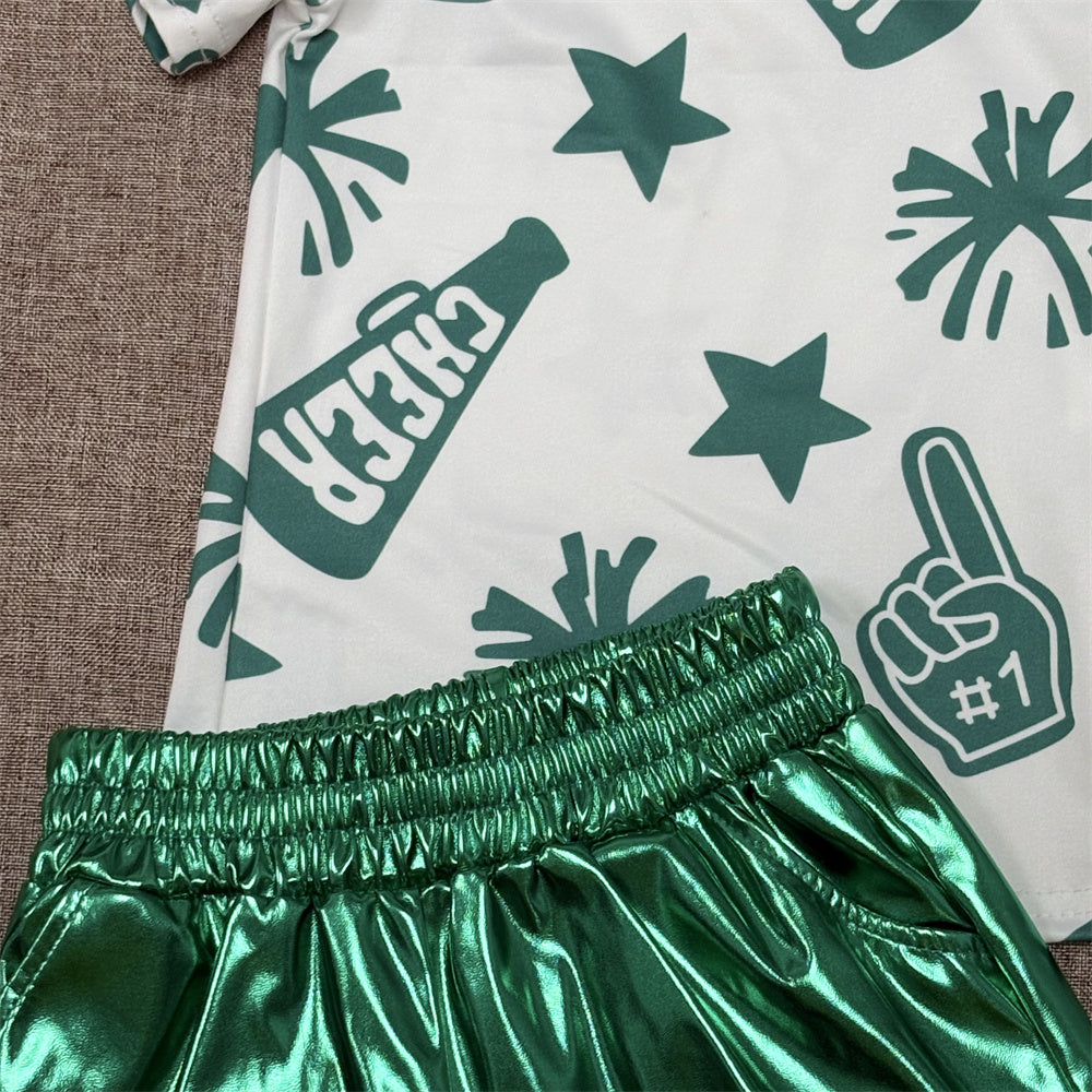 Kids Girls Sibling Summer Cheer Top Leather  Shorts Set