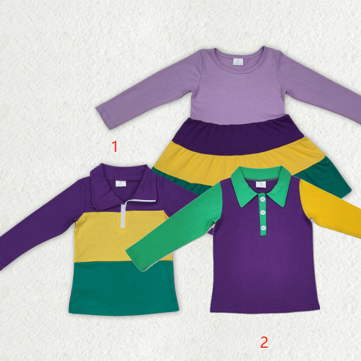 Sibling Baby Kids Long Sleeves Purple Yellow Green Mardi Gras Pullovers And Dresses