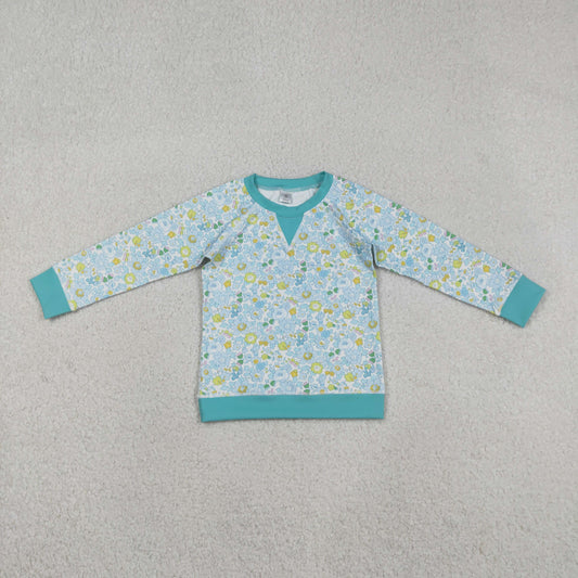 GT1294 Kids Girls Blue Flowers Long Sleeve  Yoga Top