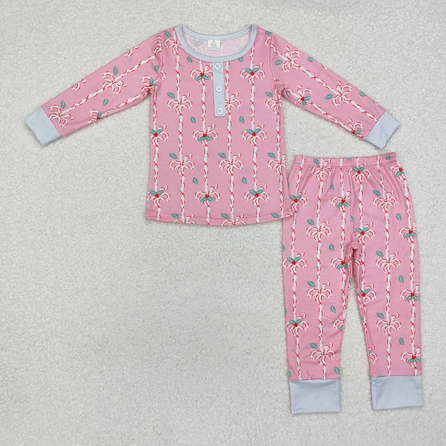 Kids Baby Girls Christmas Holly Pink Long Sleeve Bamboo Pajama Set