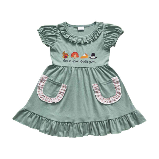 GSD0481 Kids Girls Thanksgiving Day Turkey Short Sleeve Dress