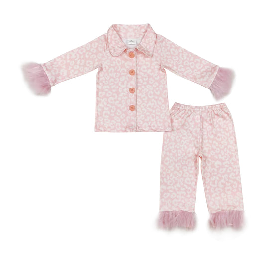 Baby Girls Light Pink Leopard Pajama Set  With Fur