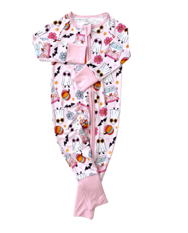 (5MOQ)  Newborn Baby Girls Halloween Ghost Bamboo Zip Romper Pre-order