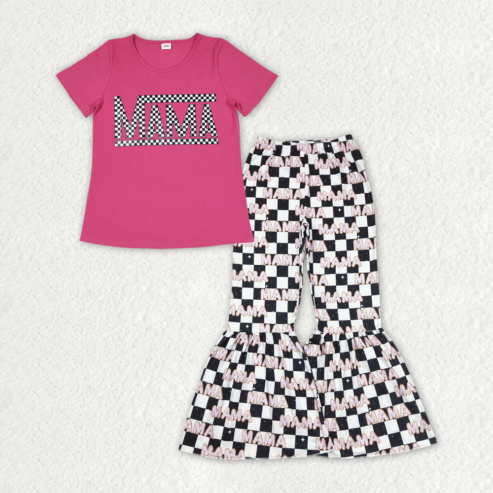 Sibling Mama And Me Hot Pink Short Sleeves Top Black Plaid Bell Bottom Set