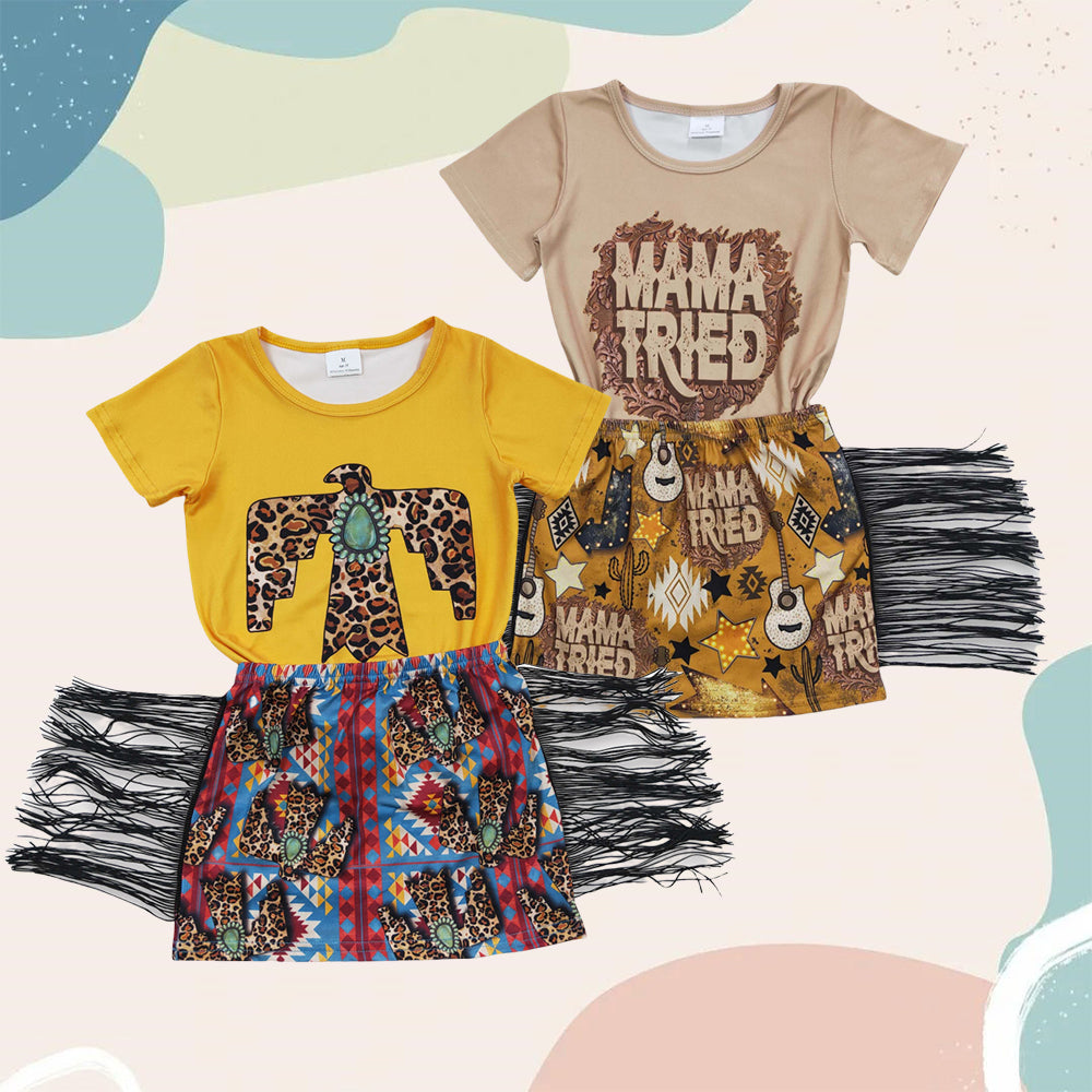 Sibling Baby Girls Western Top Tassel Skirts Outfits Sets