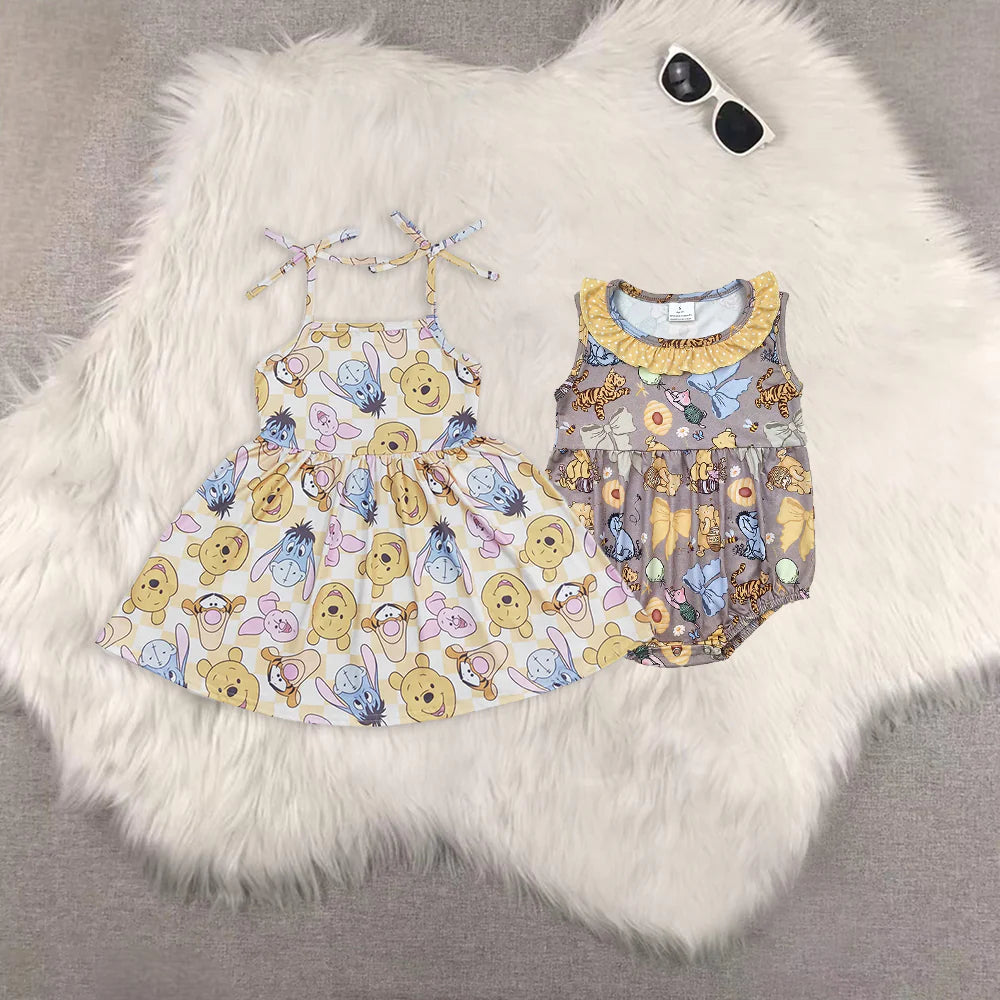 Baby Girls Sibling Cartoon Bear Dress and Romper