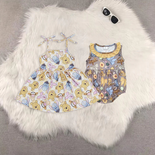 Baby Girls Sibling Cartoon Bear Dress and Romper