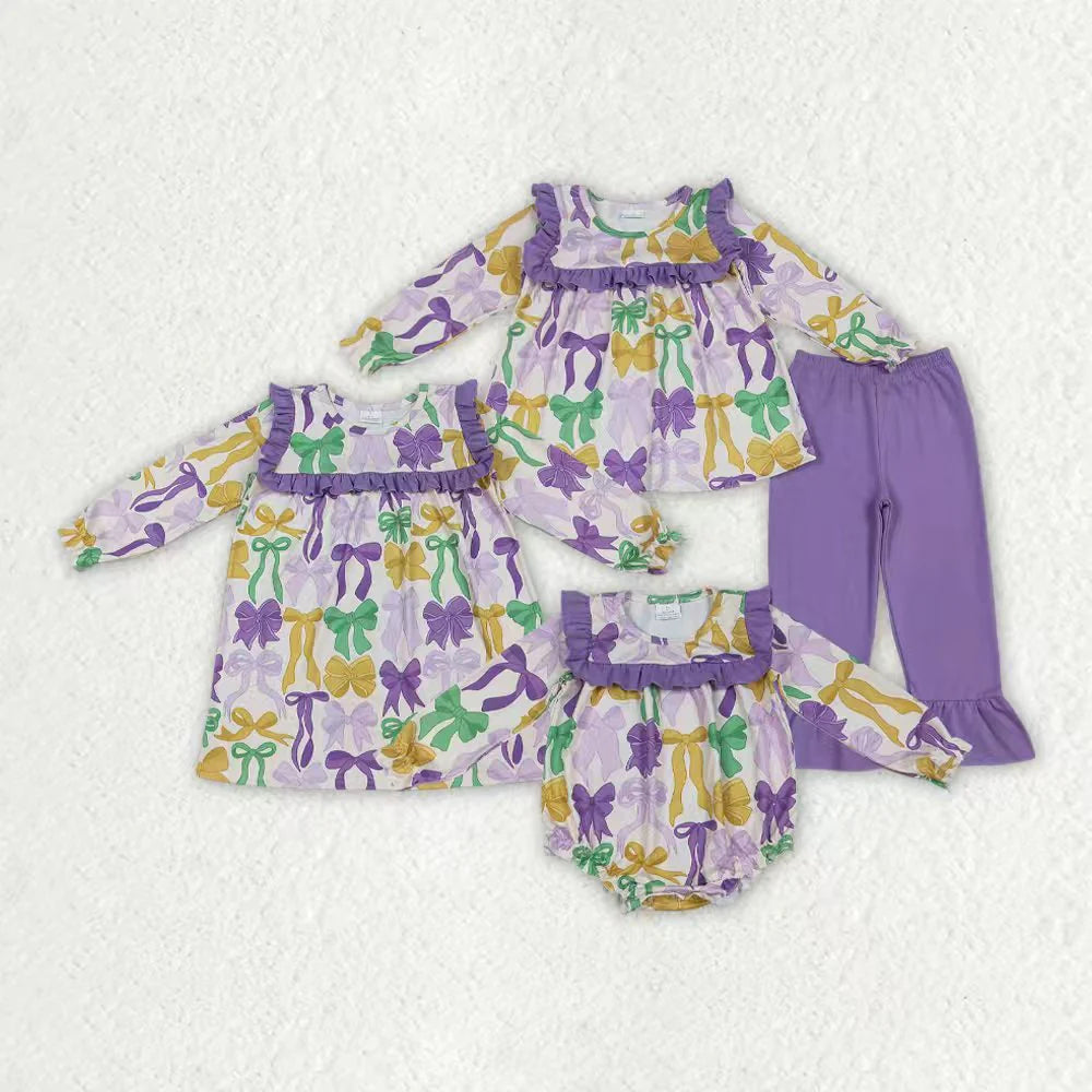 Sibling Baby Girls Mardigras Bows Ruffle Pants Clothes Set Knee Length Dress Rompers