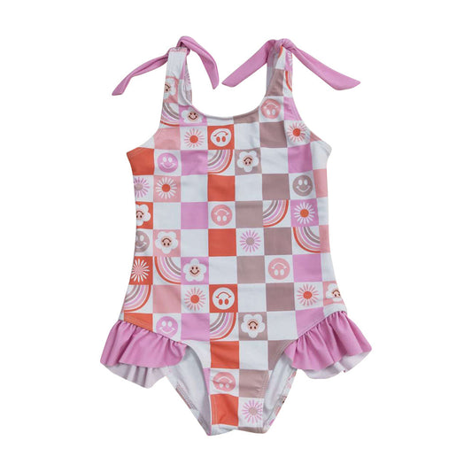 S0150  Baby Girls Happy Face Checkerboard  Swimsuit