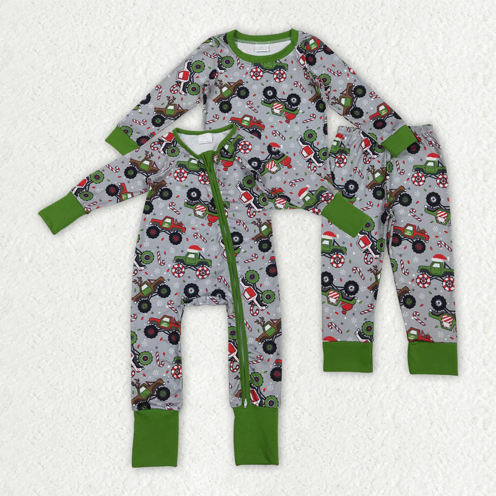Sibling Baby Boys Christmas Truck Long Sleeve Pajama Set/ Zipper Romper