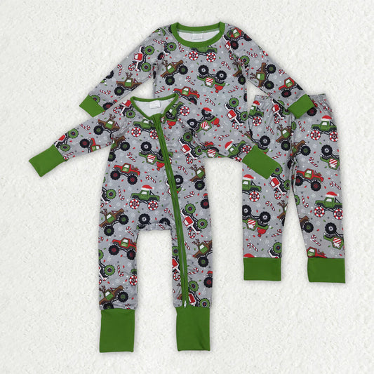 Sibling Baby Boys Christmas Truck Long Sleeve Pajama Set/ Zipper Romper