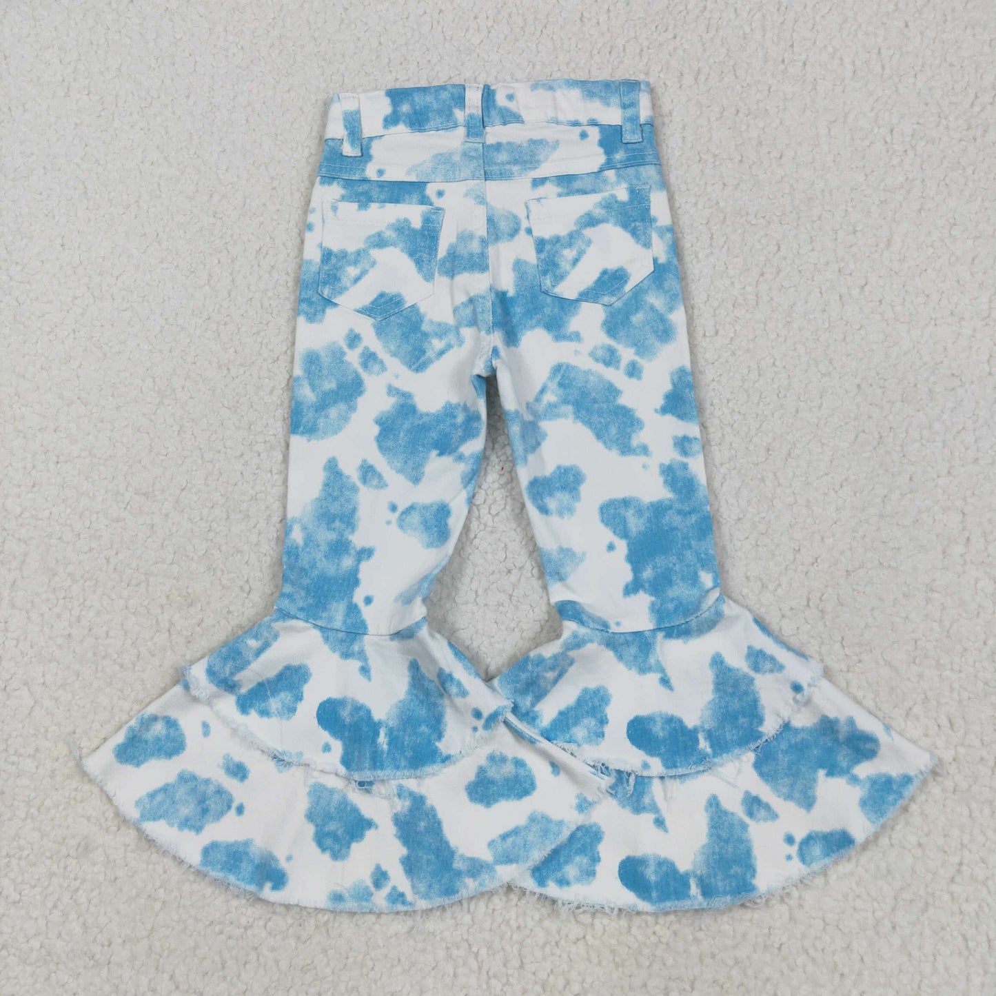Baby Girls  Blue Cow Print Double Ruffle Flare Denim Pants