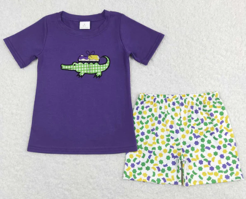 Baby Boys Purple Short Sleeves Embroidery Crocodile Top Plaid Shorts Mardi Gras Set