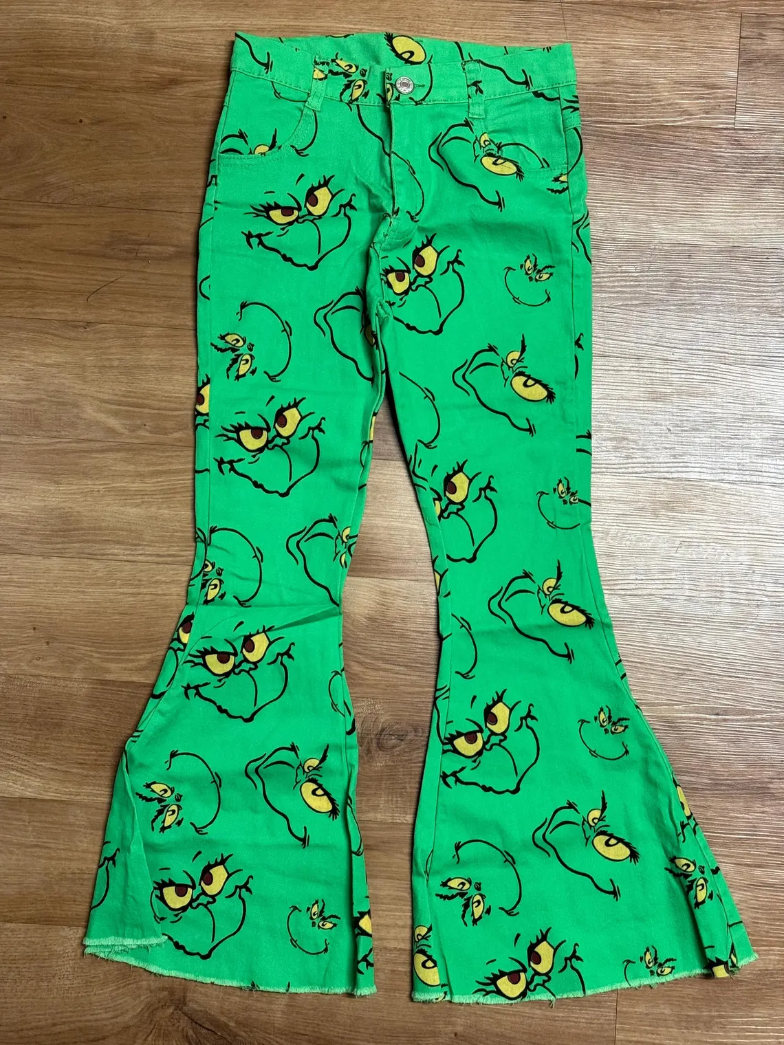 Kids Girls Green Face Pants Trendy Bell Bottom Flare Christmas