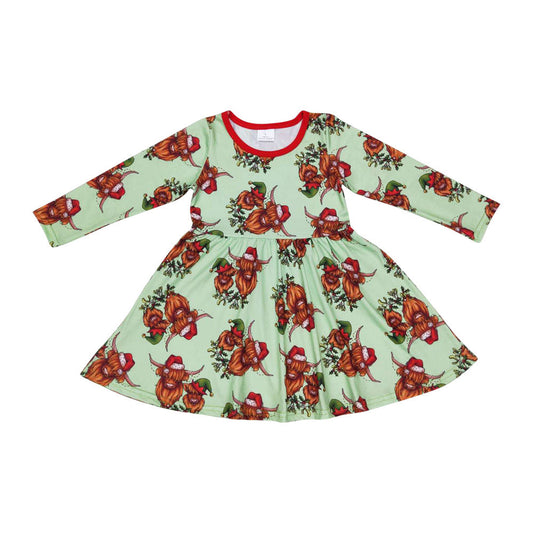 GLD0387 Baby Girls Christmas Highland Cow Long Sleeve Dress