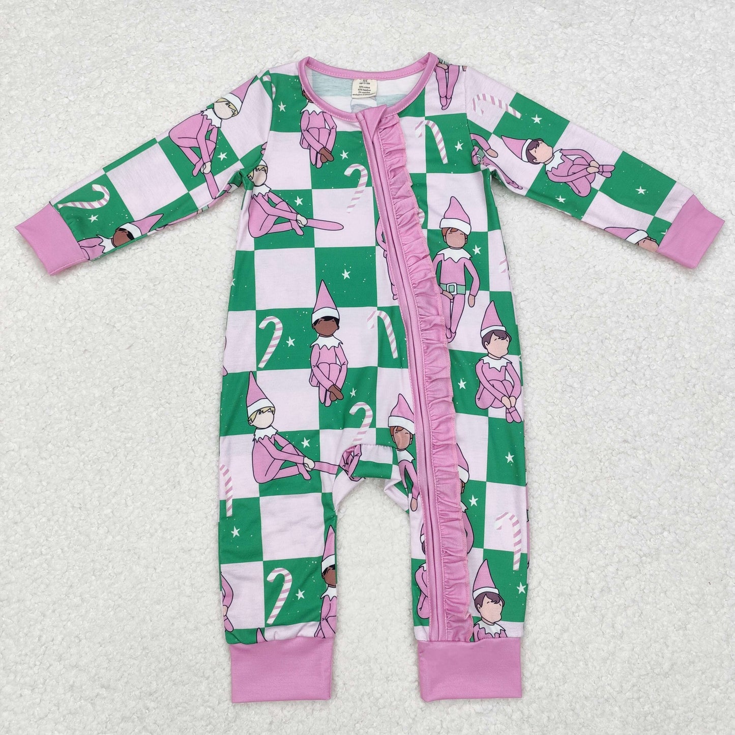 Newboorn Baby Girls Christmas Green Checker Zip Bamboo Romper