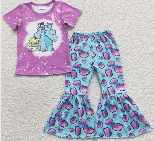 Baby Girls Short Sleeves Monsters Top Bell Bottom Pant Set