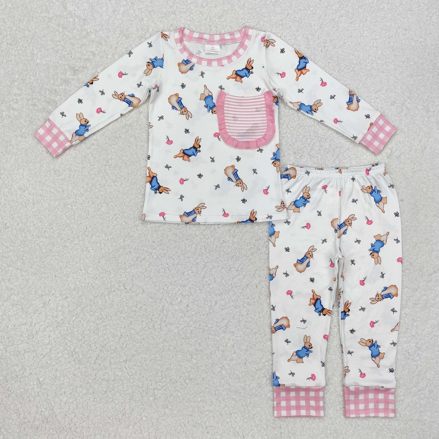 Baby Girls Pink Plaid Long Sleeve Bunny Print Stripe Pocket Easter Pajama Set