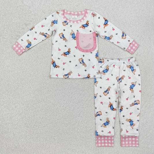 Baby Girls Pink Plaid Long Sleeve Bunny Print Stripe Pocket Easter Pajama Set