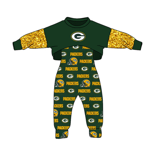 5 MOQ  Kids Girls Packers Football Team Top and Jumpsuit Set