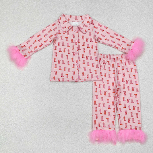 Baby Girls Western Boots Pink Long Sleeve Pajama Set With Fur