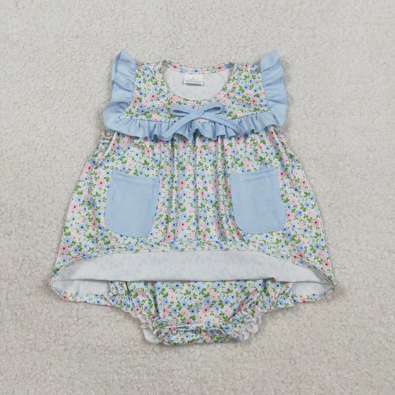 SR3752 Baby Girls Blue Floral Bubble Romper With Pocket