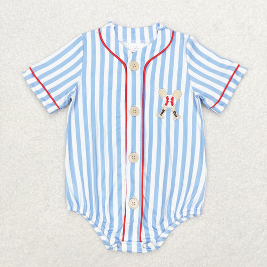 Baby Boys Embroidery Baseball Blue Striped Romper