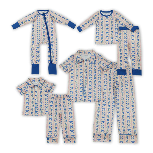 Mommy and Me Blue Flowers and Bow Print Pajamas and Romper