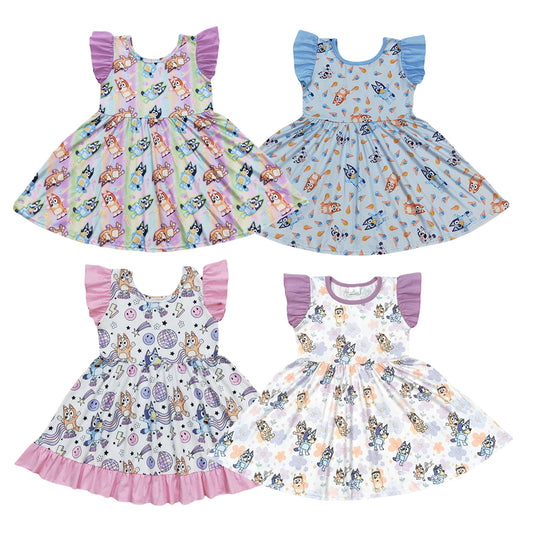 Baby Girls Summer Cartoon Dog Flutter Sleeve Twirl Dress