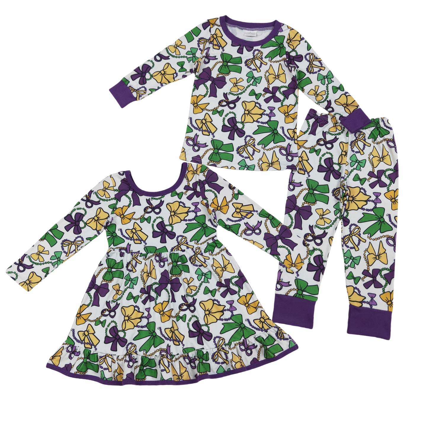 Mardi Gras Green Purple Yellow Bows Pajama Set/ Dress Long Sleeve