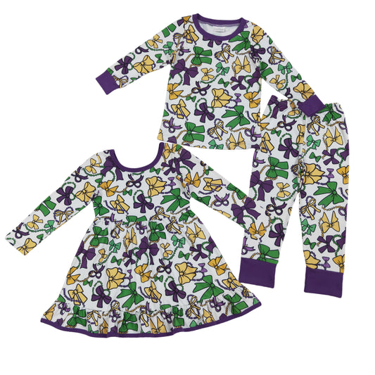 Mardi Gras Green Purple Yellow Bows Pajama Set/ Dress Long Sleeve
